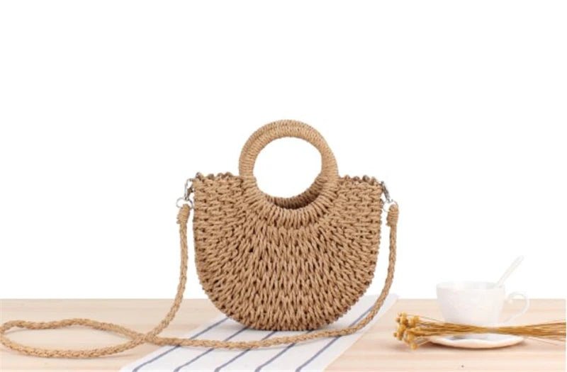 Yogodlns Handmade Half-Round Rattan Woven Straw Bag Summer Women Messenger Crossbody Bags Girls Small Beach Handbag New