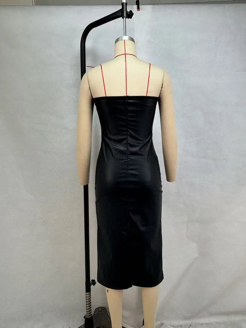 American women's clothing autumn winter sexy tube top dress PU leather solid color temperament skirt split ends slim fit