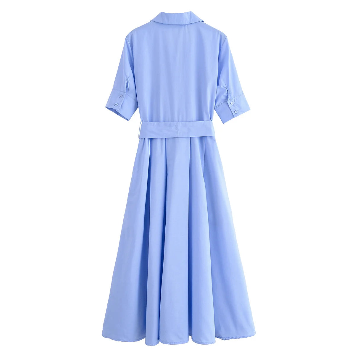 YENKYE Autumn 2025 Women Solid With Belt Long Shirt Dress Vintage Lapel Collar Short Sleeve A-line Casual Dresses Maxi Vestidos