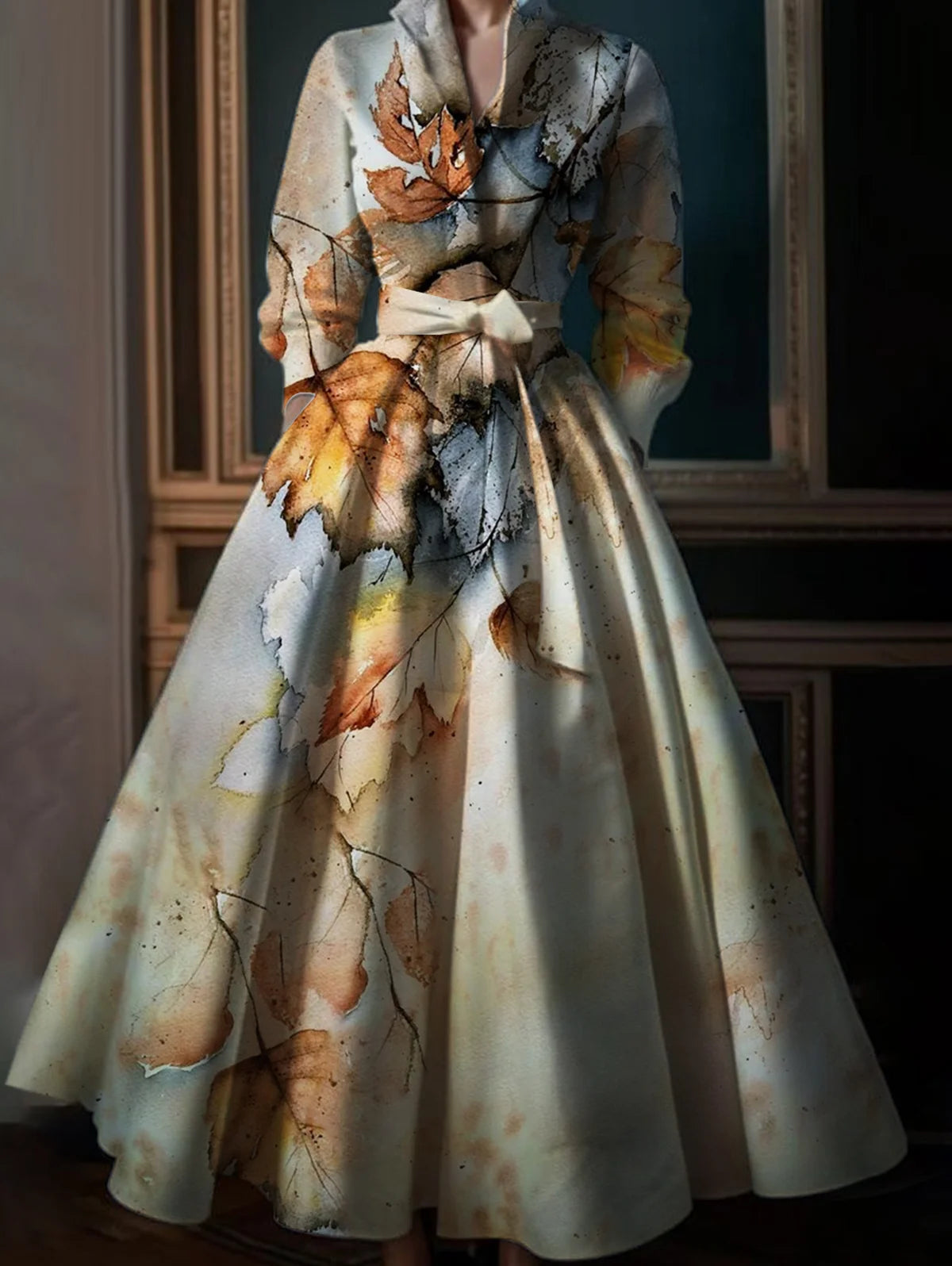 Elegant Maple Leaf Print Maxi Dresses Women Stand Collar Long Sleeve Long Dress Party Wedding Evening A-Line Dress Vestido
