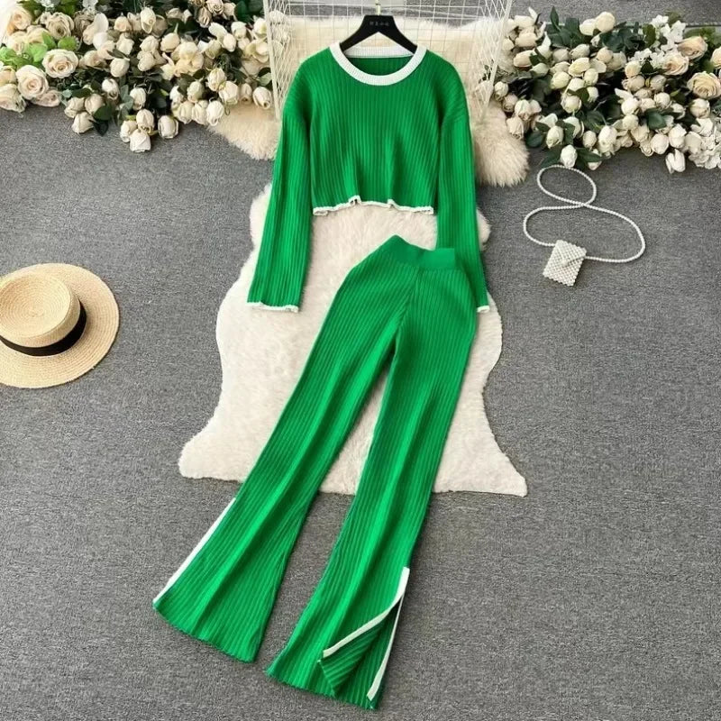 Autumn Winter 2 Pieces Women's Oufit Sets Knitted Tracksuit O-Neck Sweater and Wide Leg Jogging Pants Female Suits