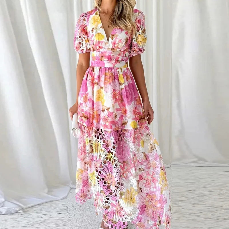 New Hollow Out Puff Sleeve Fashion Maxi Dress, Women Summer Patchwork Print Party Dress, V-Neck Beach Style Ruffles Ladies Dress