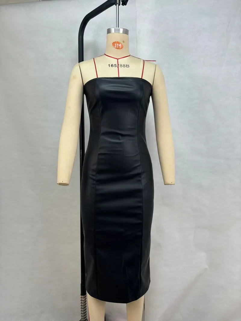 American women's clothing autumn winter sexy tube top dress PU leather solid color temperament skirt split ends slim fit