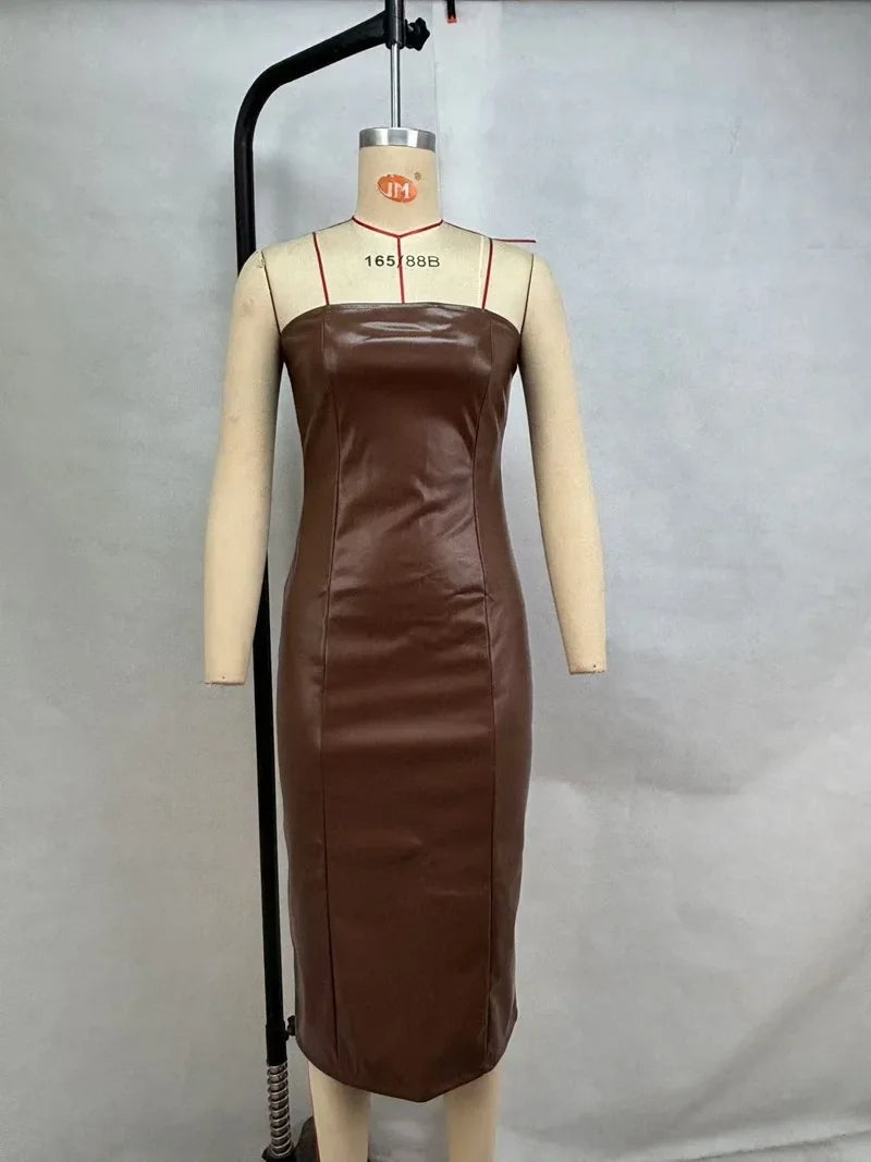 American women's clothing autumn winter sexy tube top dress PU leather solid color temperament skirt split ends slim fit