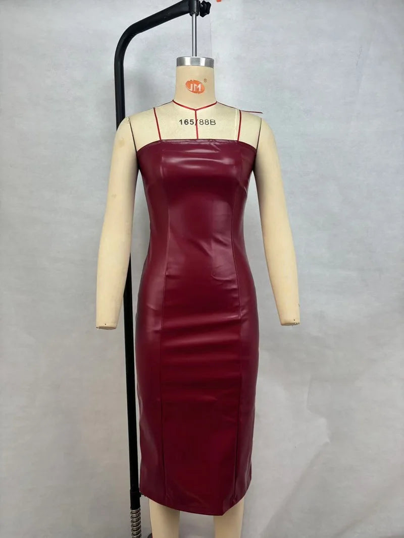 American women's clothing autumn winter sexy tube top dress PU leather solid color temperament skirt split ends slim fit