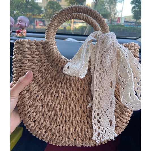Yogodlns Handmade Half-Round Rattan Woven Straw Bag Summer Women Messenger Crossbody Bags Girls Small Beach Handbag New