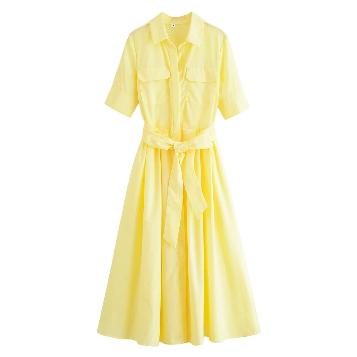 YENKYE Autumn  2025 Women Solid With Belt Long Shirt Dress Vintage Lapel Collar Short Sleeve A-line Casual Dresses Maxi Vestidos