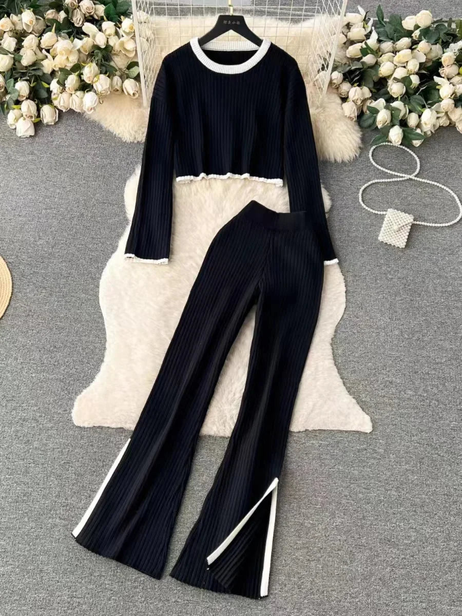 Autumn Winter 2 Pieces Women's Oufit Sets Knitted Tracksuit O-Neck Sweater and Wide Leg Jogging Pants Female Suits