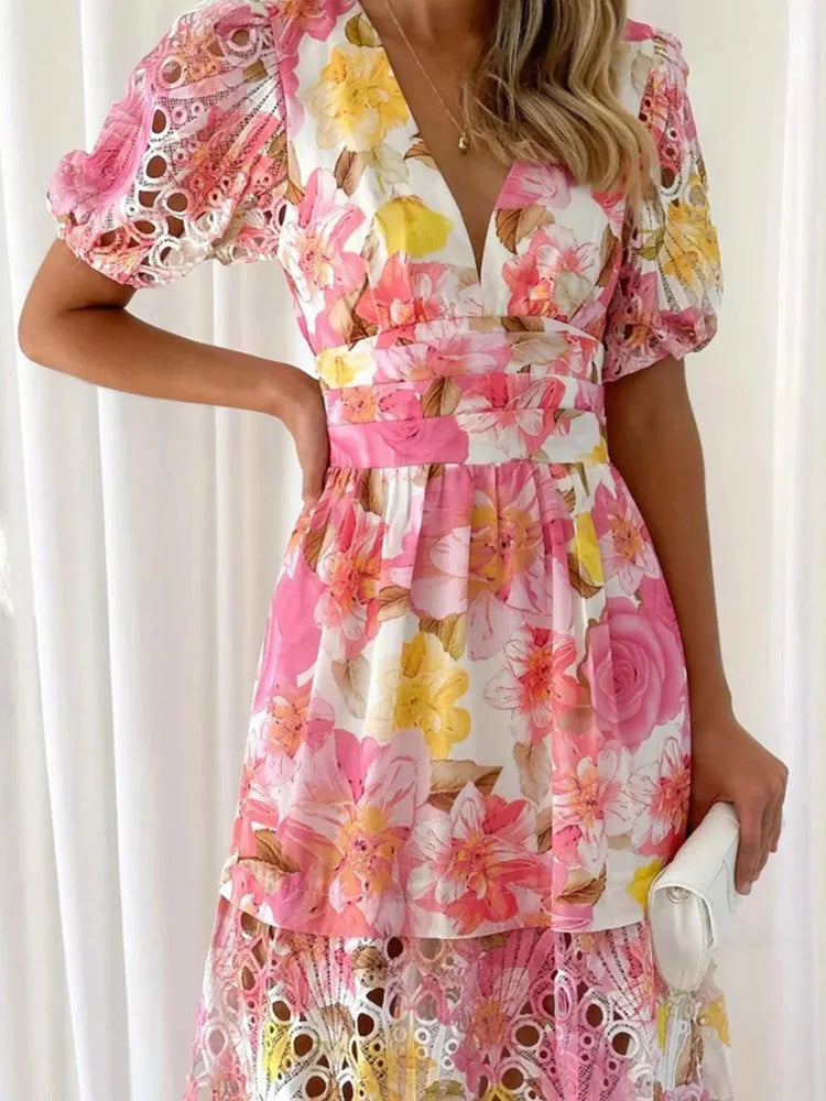 New Hollow Out Puff Sleeve Fashion Maxi Dress, Women Summer Patchwork Print Party Dress, V-Neck Beach Style Ruffles Ladies Dress