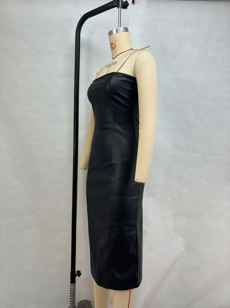 American women's clothing  autumn winter sexy tube top dress PU leather solid color temperament skirt split ends slim fit