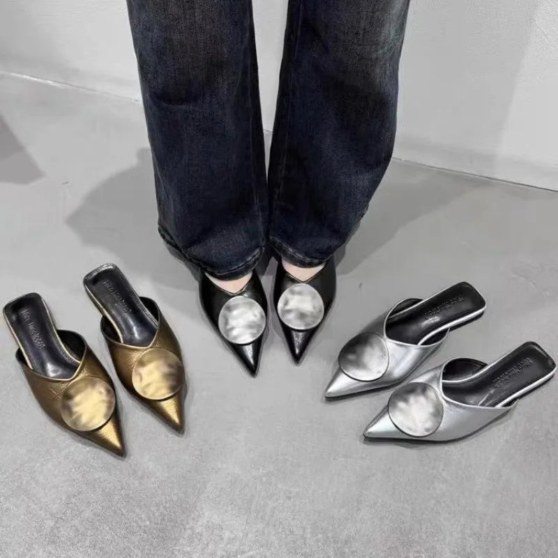 Female Slides Fashion Pointed Toe Flats Women Mules Slippers  Summer Beach Luxury Ladies Flats Slippers Sandals Shoes