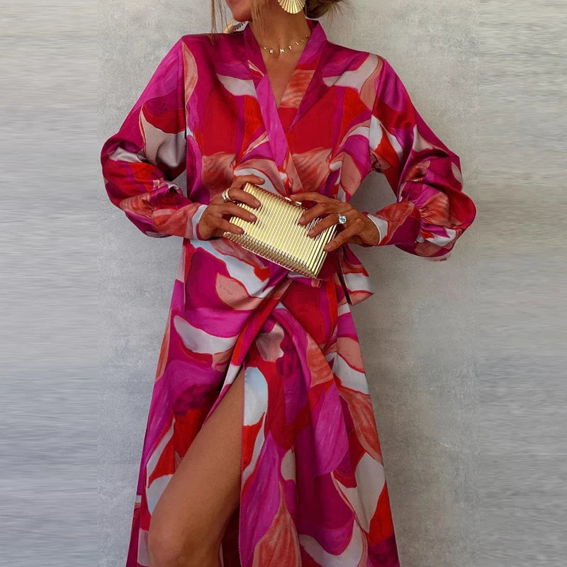 Fashion Pattern Printed Lace Up Commuting Dress Ladies Elegant V Neck Long Sleeved Split Dress Casual Party Irregular Maxi Dress