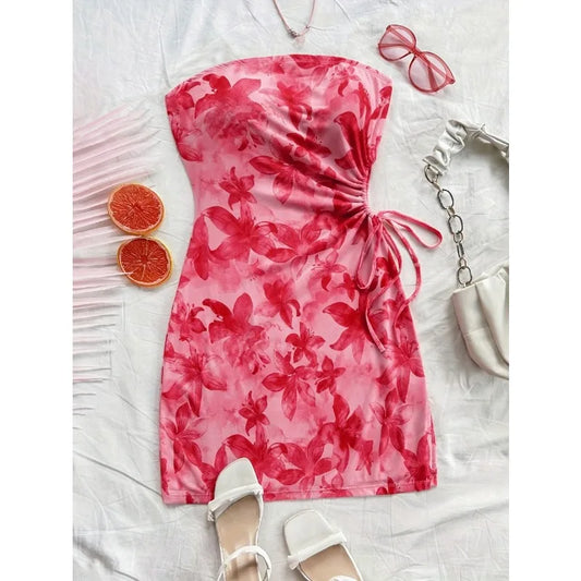 Women's 2025 Floral Print Tube Mini Dress Strapless Backless Party Club Short Ruched Drawstring Bodycon Party Dresses Streetwear