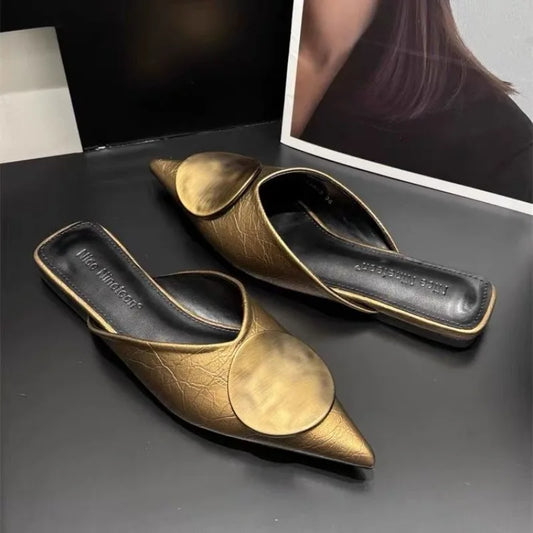 Female Slides Fashion Pointed Toe Flats Women Mules Slippers  Summer Beach Luxury Ladies Flats Slippers Sandals Shoes