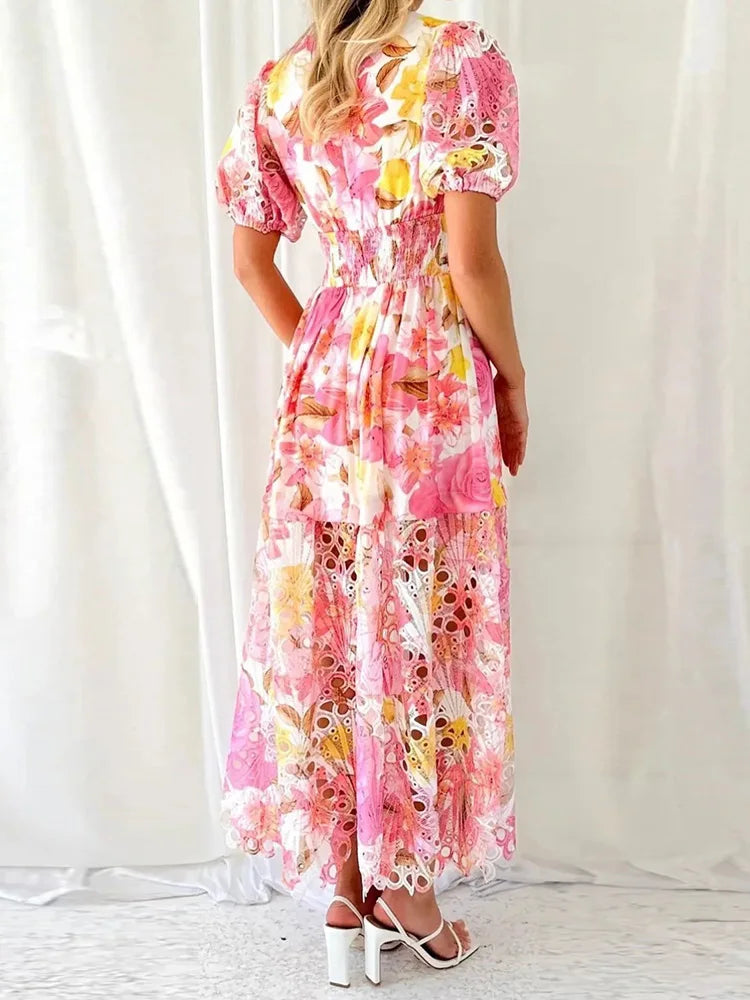 New Hollow Out Puff Sleeve Fashion Maxi Dress, Women Summer Patchwork Print Party Dress, V-Neck Beach Style Ruffles Ladies Dress