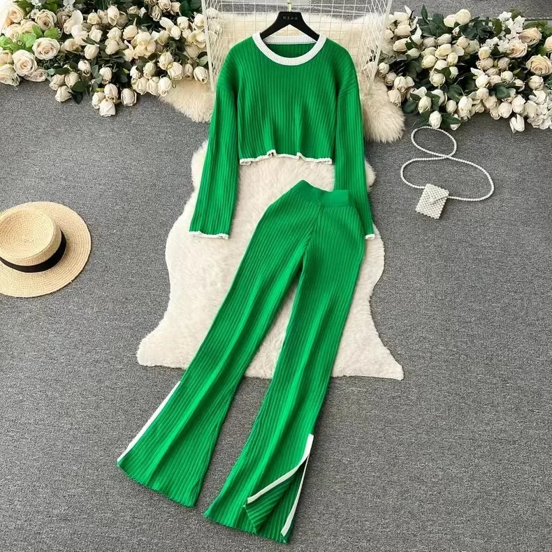 Autumn Winter 2 Pieces Women's Oufit Sets Knitted Tracksuit O-Neck Sweater and Wide Leg Jogging Pants Female Suits