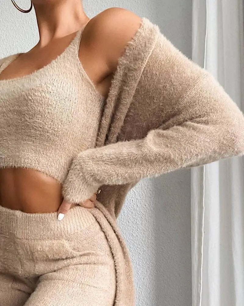 Autumn Winter Plush Vest Three-piece Sexy V-neck Plush Short Vest Trousers Suit Temperament Commuter Women's Three-piece Set