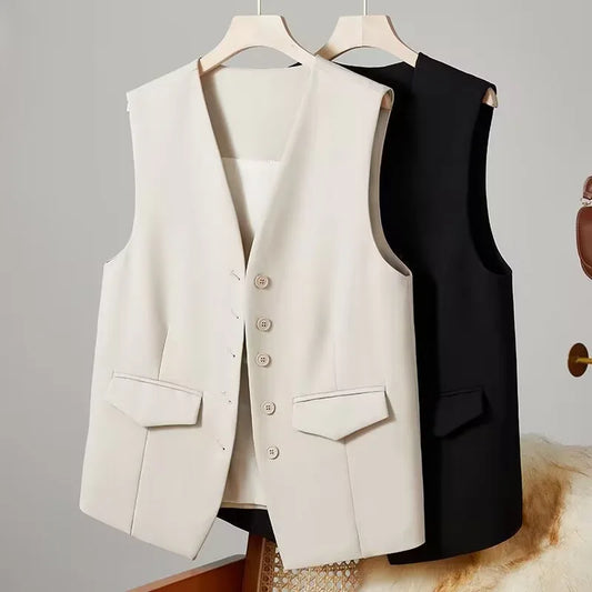 Vest Women Sleeveless Jacket Waistcoat V Neck Single Breasted Tops Outerwear Spring Summer Female 2025 Office Lady Vintage Coat