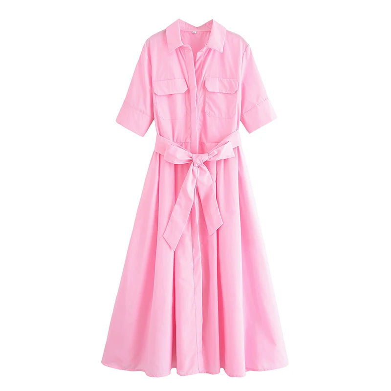 YENKYE Autumn  2025 Women Solid With Belt Long Shirt Dress Vintage Lapel Collar Short Sleeve A-line Casual Dresses Maxi Vestidos