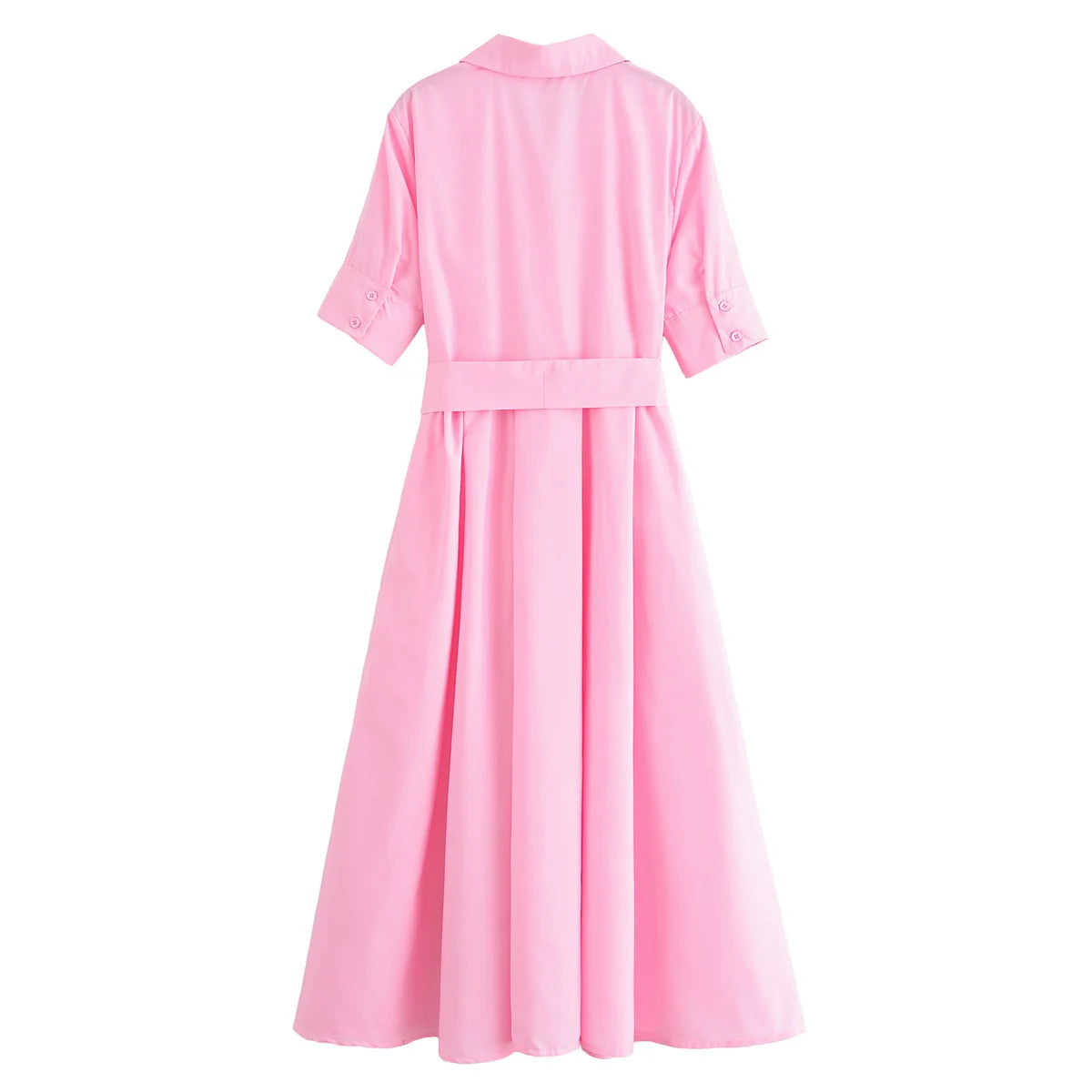 YENKYE Autumn  2025 Women Solid With Belt Long Shirt Dress Vintage Lapel Collar Short Sleeve A-line Casual Dresses Maxi Vestidos