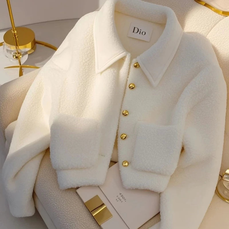 White lambswool coat women's autumn/winter top2025 new one-piece padded warm high-grade jacket long sleeves short Casual Outwear
