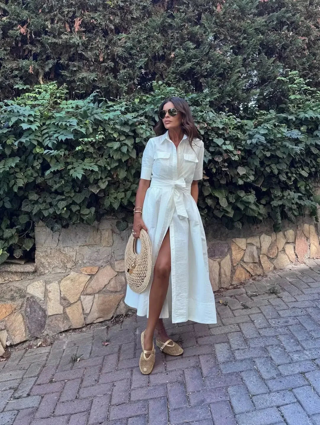 YENKYE Autumn  2025 Women Solid With Belt Long Shirt Dress Vintage Lapel Collar Short Sleeve A-line Casual Dresses Maxi Vestidos