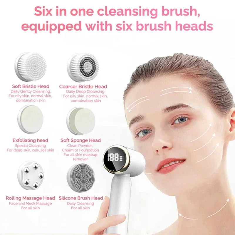 IPX6 Waterproof Electric Cleansing Brush 6 In1 Sonic Rotating Deep Cleansing Brush Remove Acne Pore Skin Rejuvenation Beauty