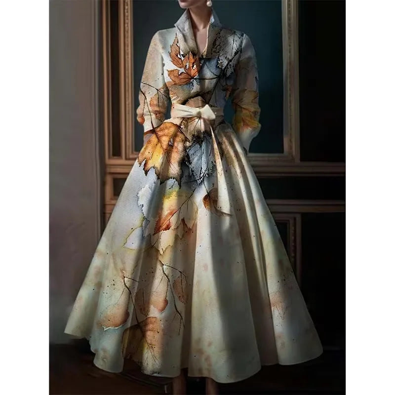 Elegant Maple Leaf Print Maxi Dresses Women Stand Collar Long Sleeve Long Dress Party Wedding Evening A-Line Dress Vestido
