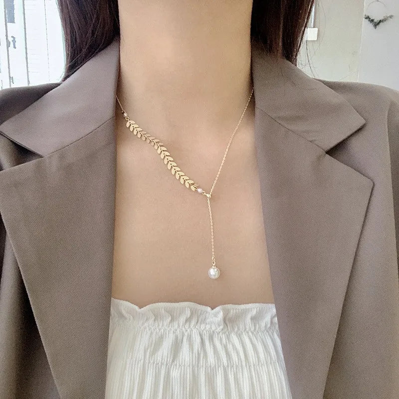 JWER Simple Wheat Ear Pearl Bracelet Necklace Earrings Jewelry Set for Women Temperament Lucky Gold Color Bracelet Charm Jewelry