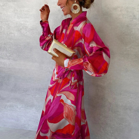 Fashion Pattern Printed Lace Up Commuting Dress Ladies Elegant V Neck Long Sleeved Split Dress Casual Party Irregular Maxi Dress