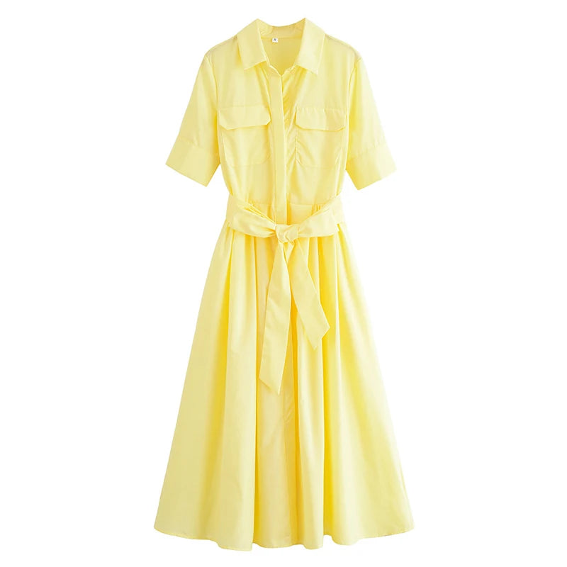 YENKYE Autumn  2025 Women Solid With Belt Long Shirt Dress Vintage Lapel Collar Short Sleeve A-line Casual Dresses Maxi Vestidos
