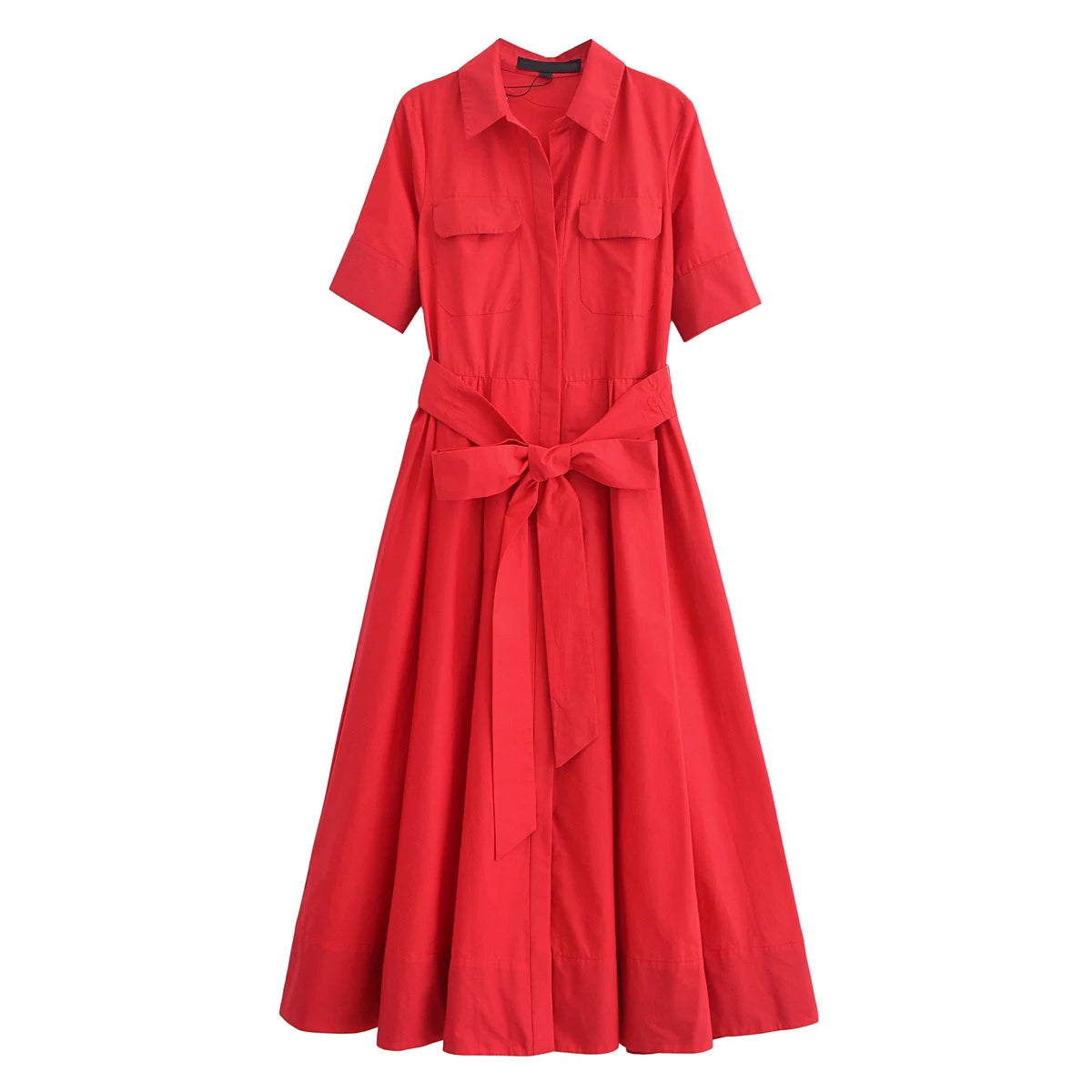 YENKYE Autumn  2025 Women Solid With Belt Long Shirt Dress Vintage Lapel Collar Short Sleeve A-line Casual Dresses Maxi Vestidos