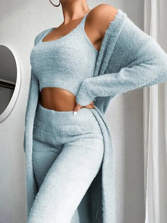 Autumn Winter Plush Vest Three-piece Sexy V-neck Plush Short Vest Trousers Suit Temperament Commuter Women's Three-piece Set