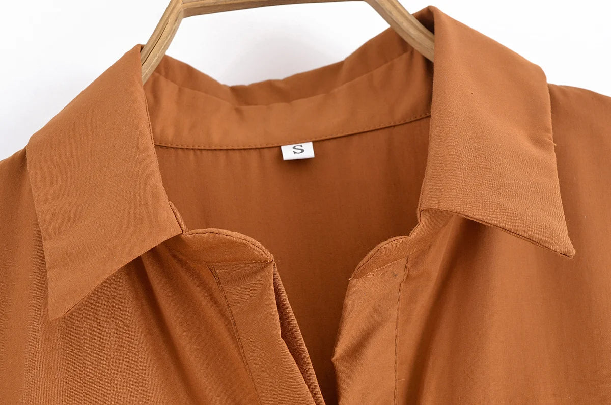 YENKYE Autumn  2025 Women Solid With Belt Long Shirt Dress Vintage Lapel Collar Short Sleeve A-line Casual Dresses Maxi Vestidos