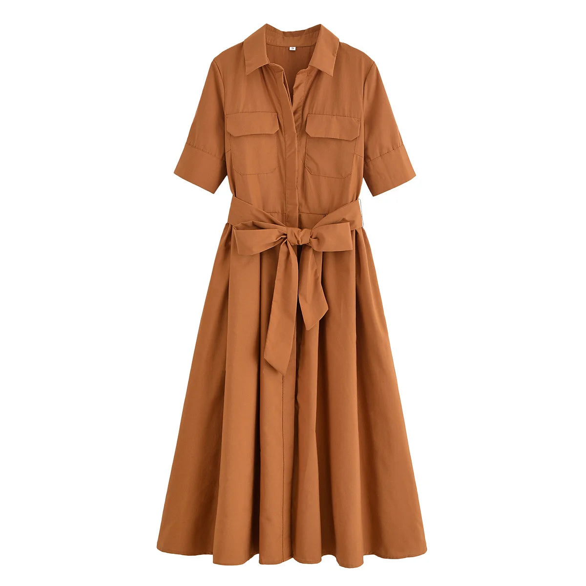 YENKYE Autumn  2025 Women Solid With Belt Long Shirt Dress Vintage Lapel Collar Short Sleeve A-line Casual Dresses Maxi Vestidos