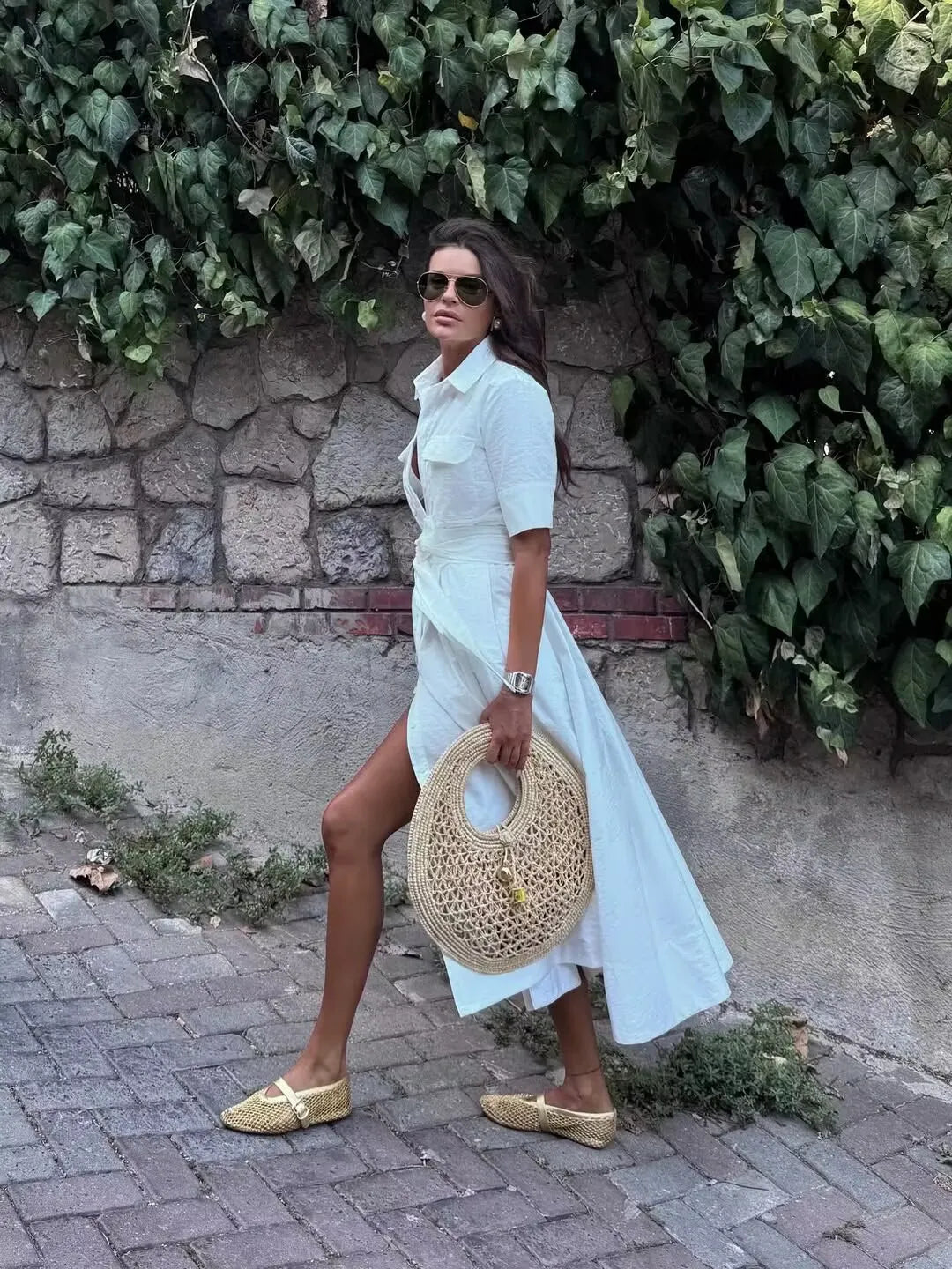 YENKYE Autumn  2025 Women Solid With Belt Long Shirt Dress Vintage Lapel Collar Short Sleeve A-line Casual Dresses Maxi Vestidos
