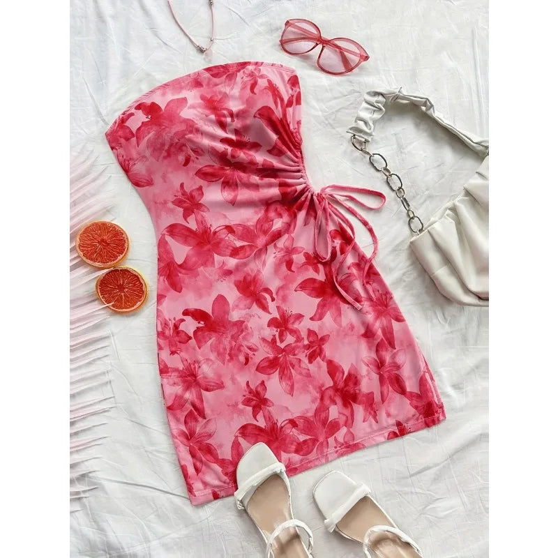 Women's 2025 Floral Print Tube Mini Dress Strapless Backless Party Club Short Ruched Drawstring Bodycon Party Dresses Streetwear