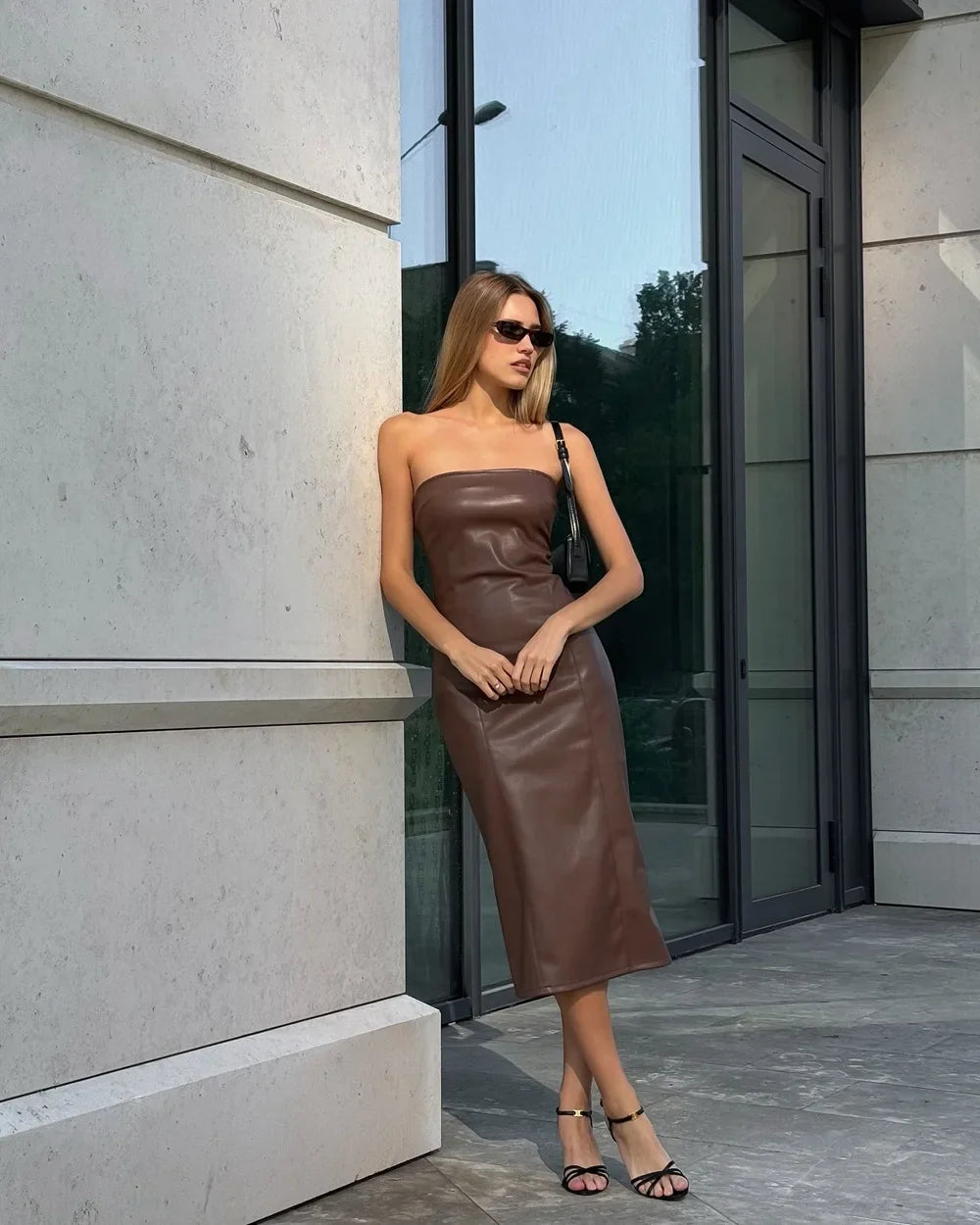 American women's clothing  autumn winter sexy tube top dress PU leather solid color temperament skirt split ends slim fit
