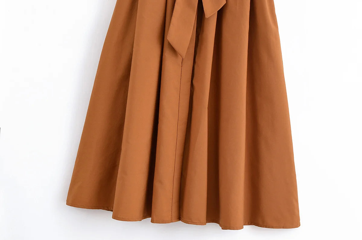 YENKYE Autumn  2025 Women Solid With Belt Long Shirt Dress Vintage Lapel Collar Short Sleeve A-line Casual Dresses Maxi Vestidos