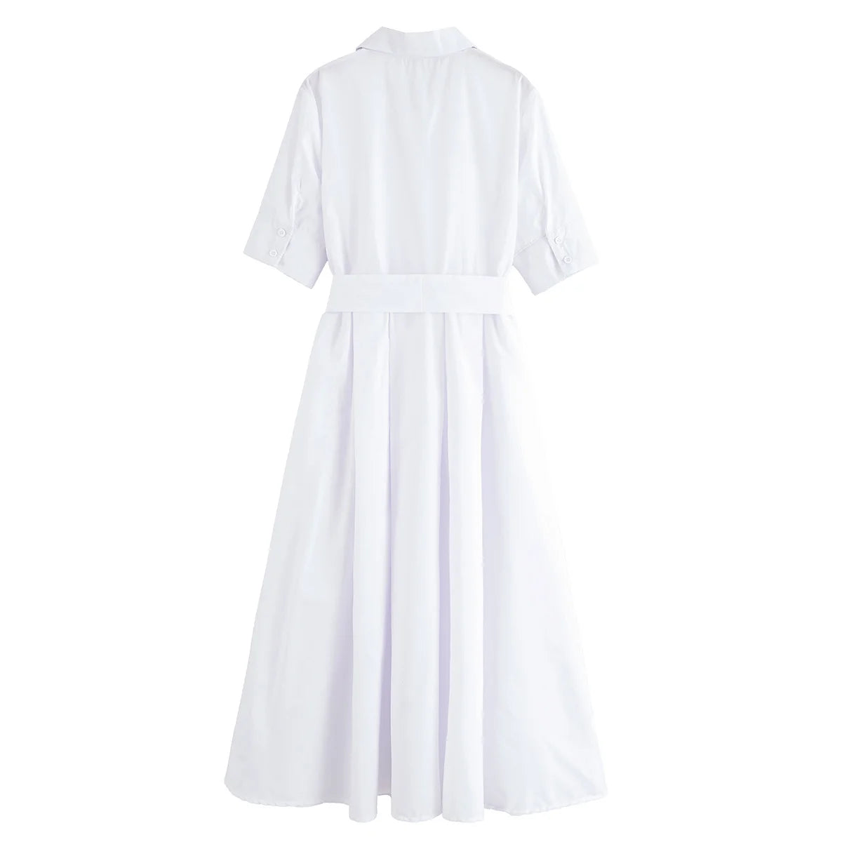YENKYE Autumn  2025 Women Solid With Belt Long Shirt Dress Vintage Lapel Collar Short Sleeve A-line Casual Dresses Maxi Vestidos