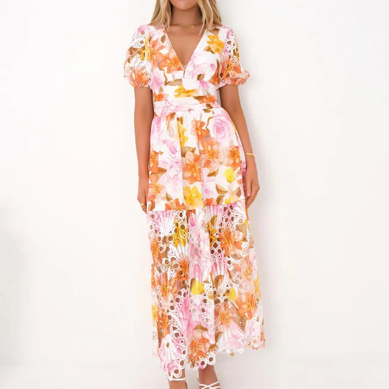 New Hollow Out Puff Sleeve Fashion Maxi Dress, Women Summer Patchwork Print Party Dress, V-Neck Beach Style Ruffles Ladies Dress