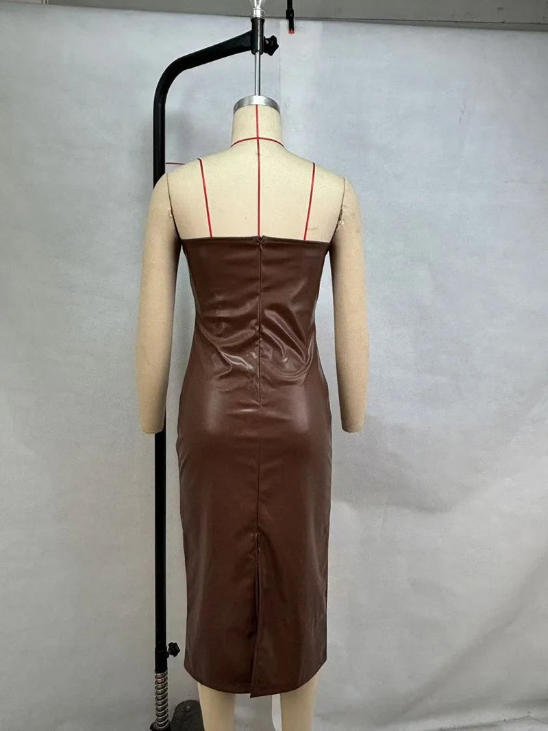 American women's clothing  autumn winter sexy tube top dress PU leather solid color temperament skirt split ends slim fit