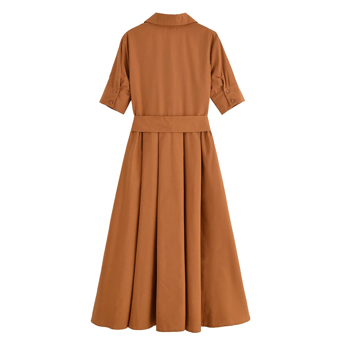 YENKYE Autumn  2025 Women Solid With Belt Long Shirt Dress Vintage Lapel Collar Short Sleeve A-line Casual Dresses Maxi Vestidos