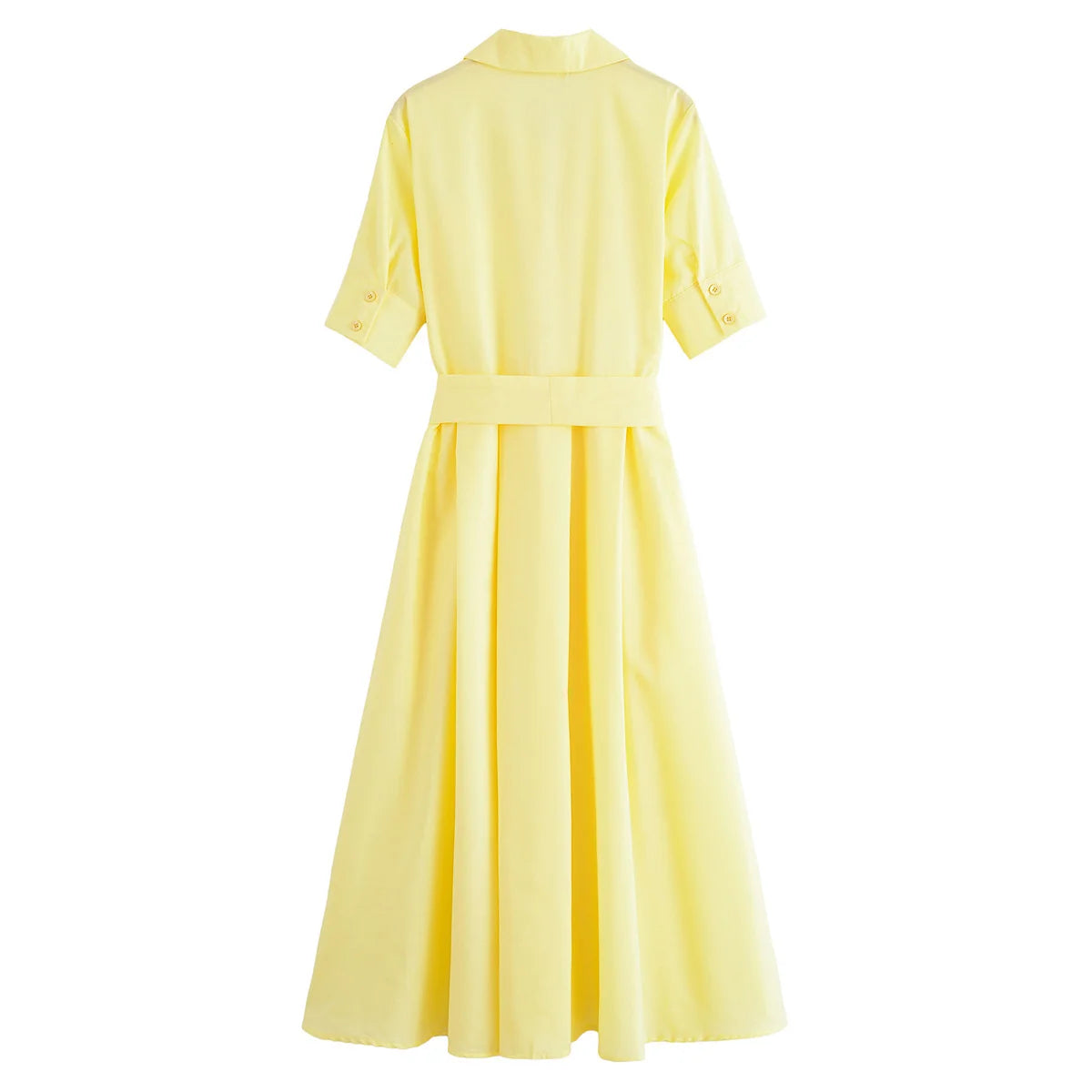 YENKYE Autumn  2025 Women Solid With Belt Long Shirt Dress Vintage Lapel Collar Short Sleeve A-line Casual Dresses Maxi Vestidos