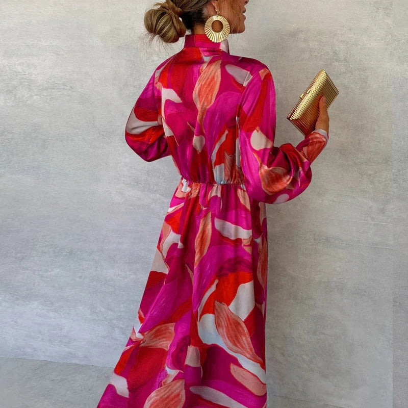 Fashion Pattern Printed Lace Up Commuting Dress Ladies Elegant V Neck Long Sleeved Split Dress Casual Party Irregular Maxi Dress