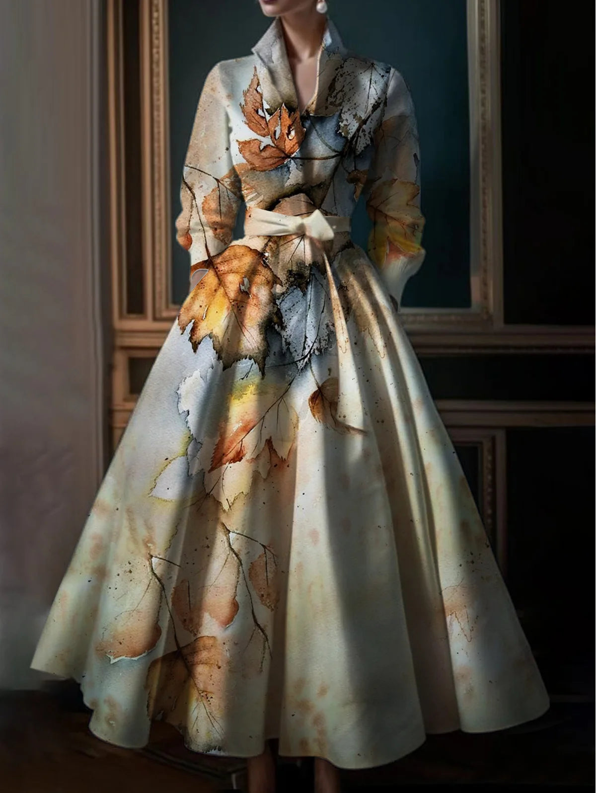 Elegant Maple Leaf Print Maxi Dresses Women Stand Collar Long Sleeve Long Dress Party Wedding Evening A-Line Dress Vestido