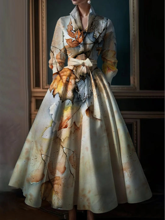 Elegant Maple Leaf Print Maxi Dresses Women Stand Collar Long Sleeve Long Dress Party Wedding Evening A-Line Dress Vestido