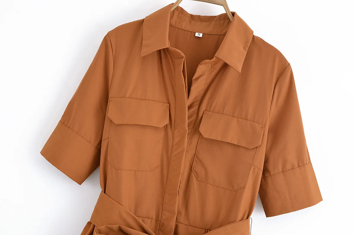 YENKYE Autumn  2025 Women Solid With Belt Long Shirt Dress Vintage Lapel Collar Short Sleeve A-line Casual Dresses Maxi Vestidos