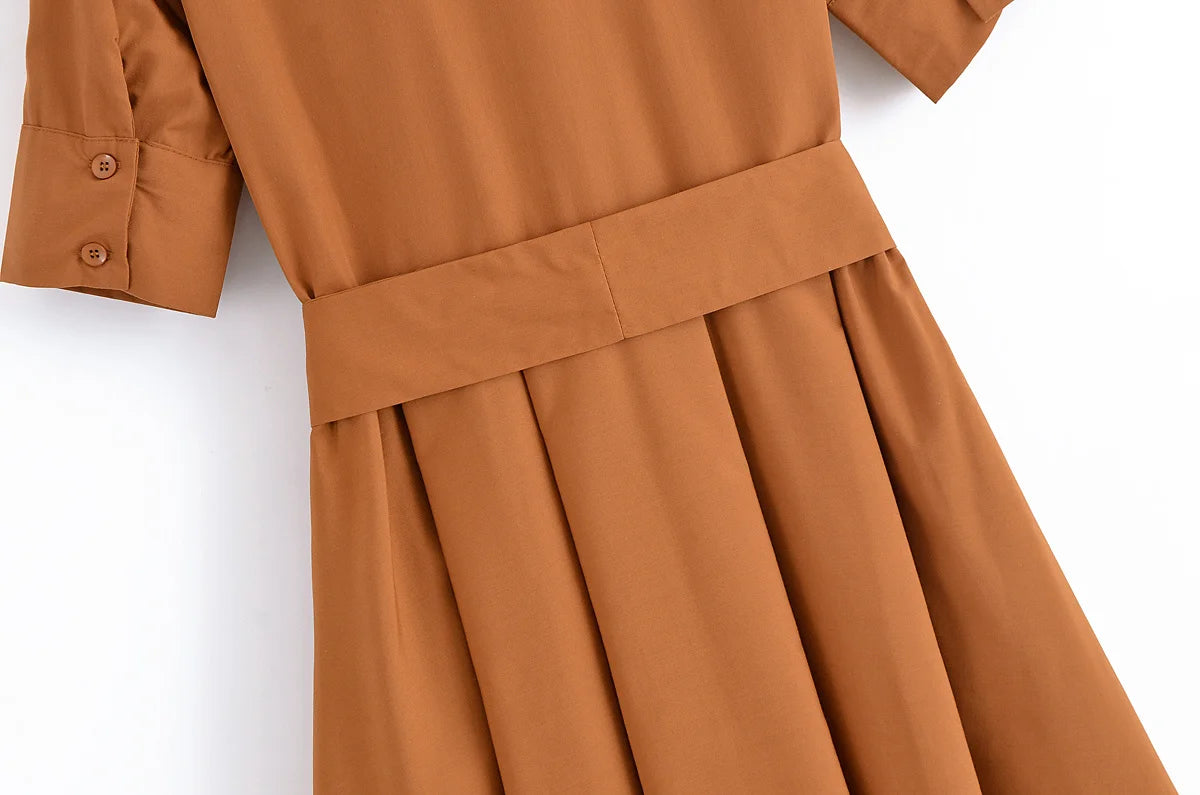YENKYE Autumn  2025 Women Solid With Belt Long Shirt Dress Vintage Lapel Collar Short Sleeve A-line Casual Dresses Maxi Vestidos