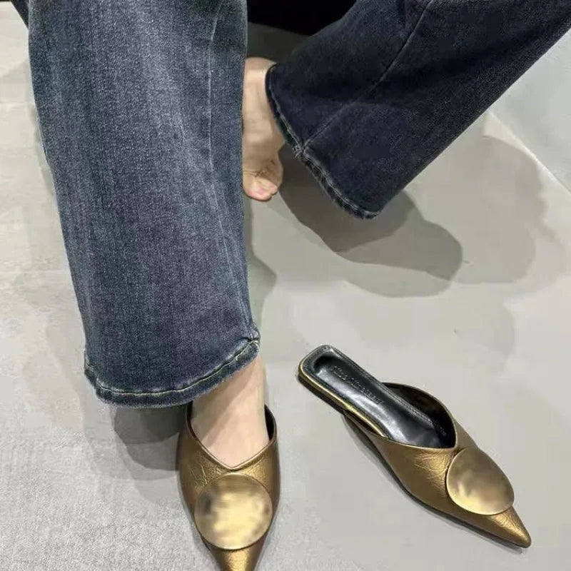 Female Slides Fashion Pointed Toe Flats Women Mules Slippers  Summer Beach Luxury Ladies Flats Slippers Sandals Shoes